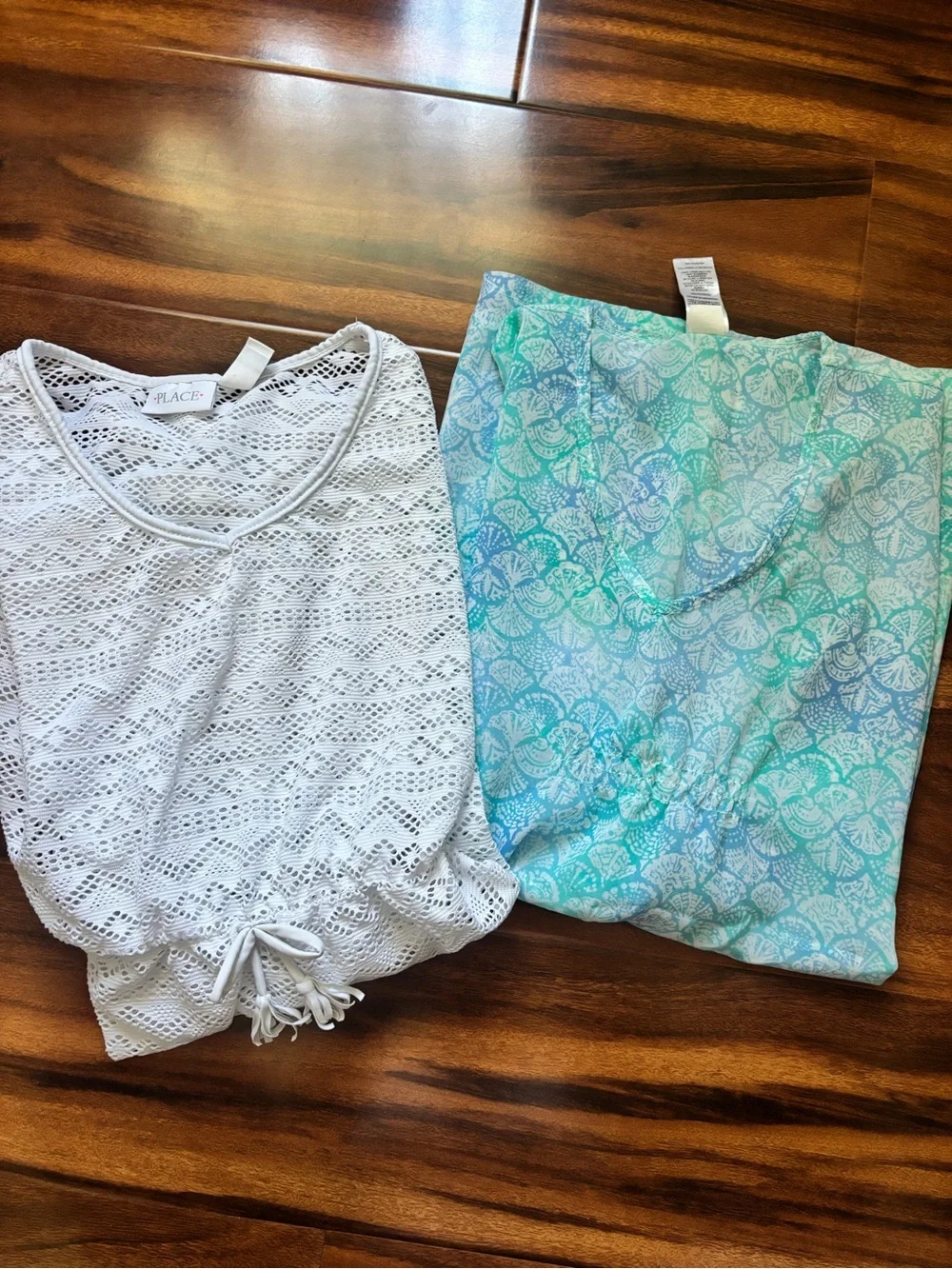 Girls White Crochet and Blue-Green Seashell Print Cover-Up